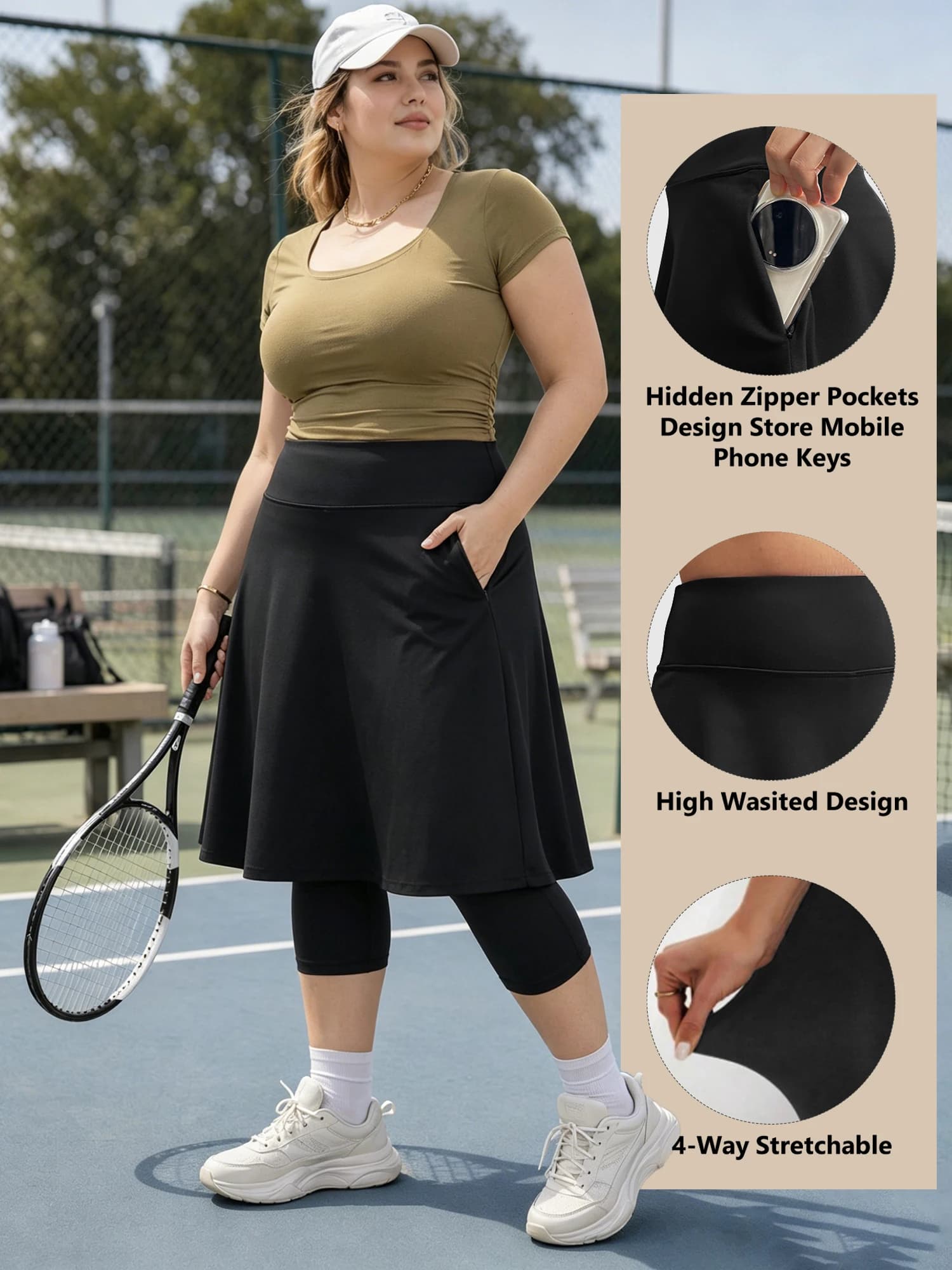 Plus Skirted Capris Skorts Women Long Knee Length Skirt with Capris Leggings,Skirted Leggings with High Waisted Zipper Pockets