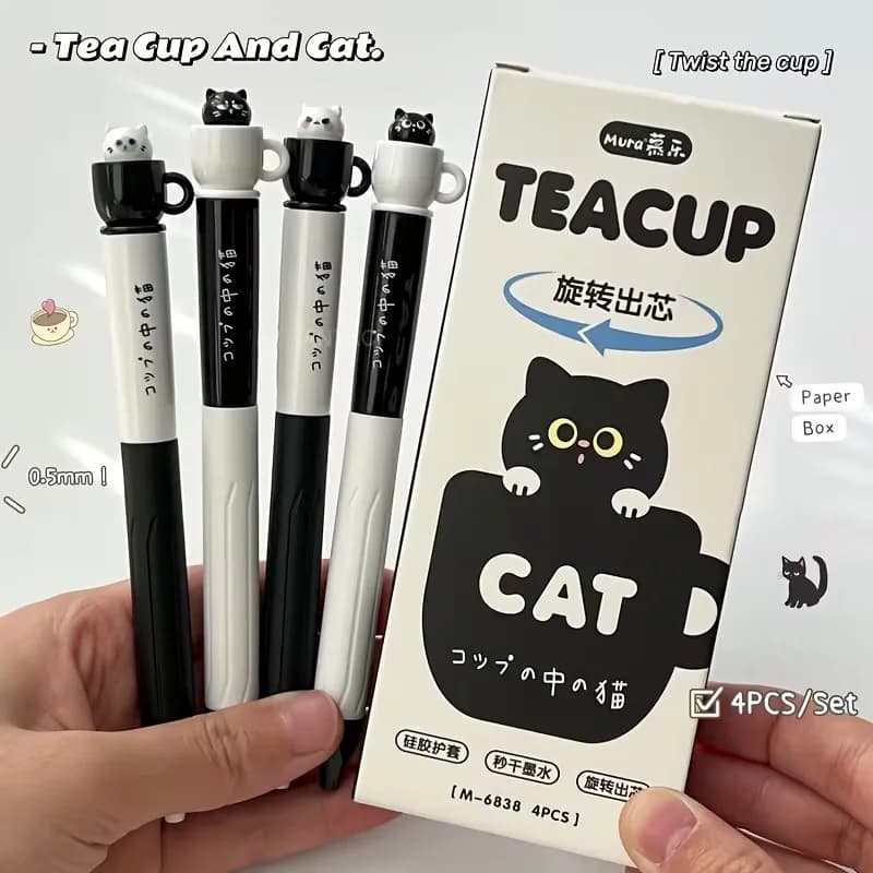 4 penne a sfera con simpatico gatto nero dei cartoni animati, ricarica nera da 0,5 mm, penna gel resistente ad asciugatura rapida, articoli di cancelleria per studenti, ritorno a scuola