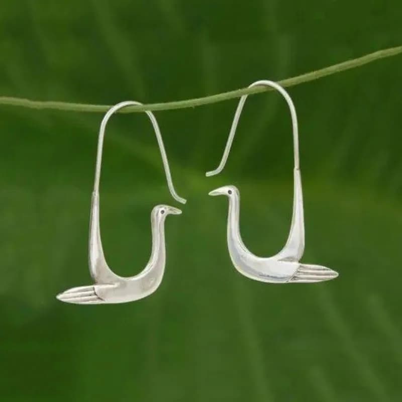 Geometric earrings with ear hook in ancient silver with swan, simple ethnic fashion jewelry for women, creative gifts