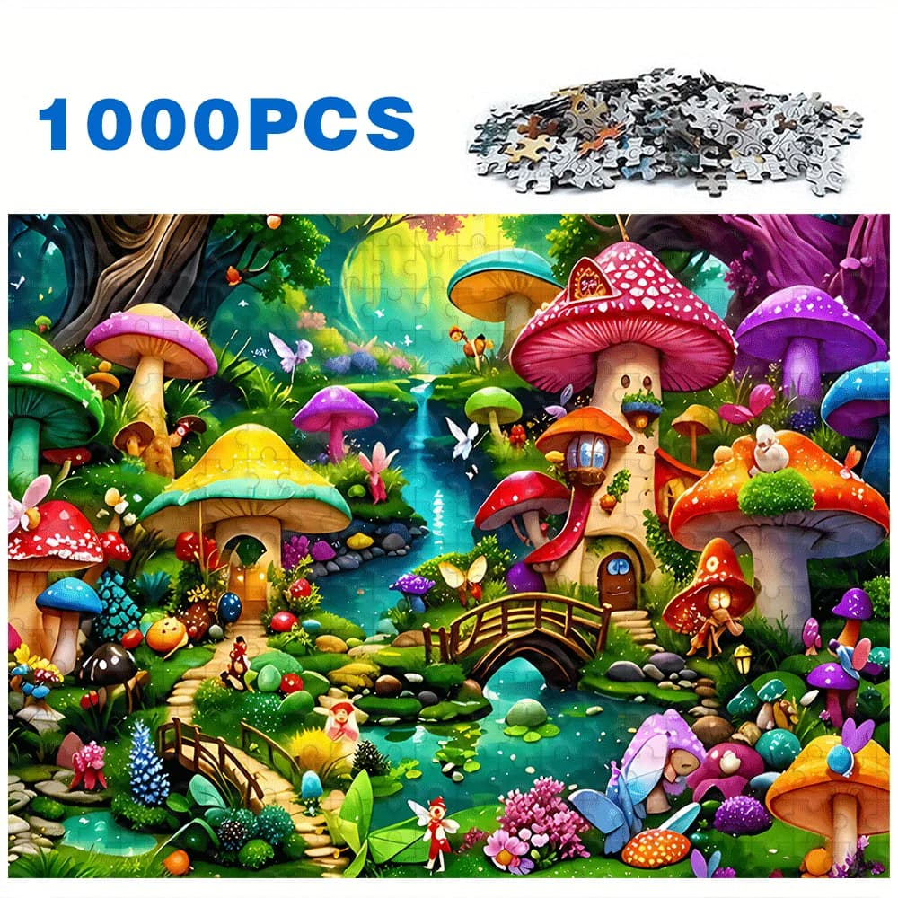 500-2000Pcs Jigsaw Puzzle for Adults - Mountain Lake, Pink Parrots, Cat Raft & Mushroom Village Themes, Educational Gift Toy