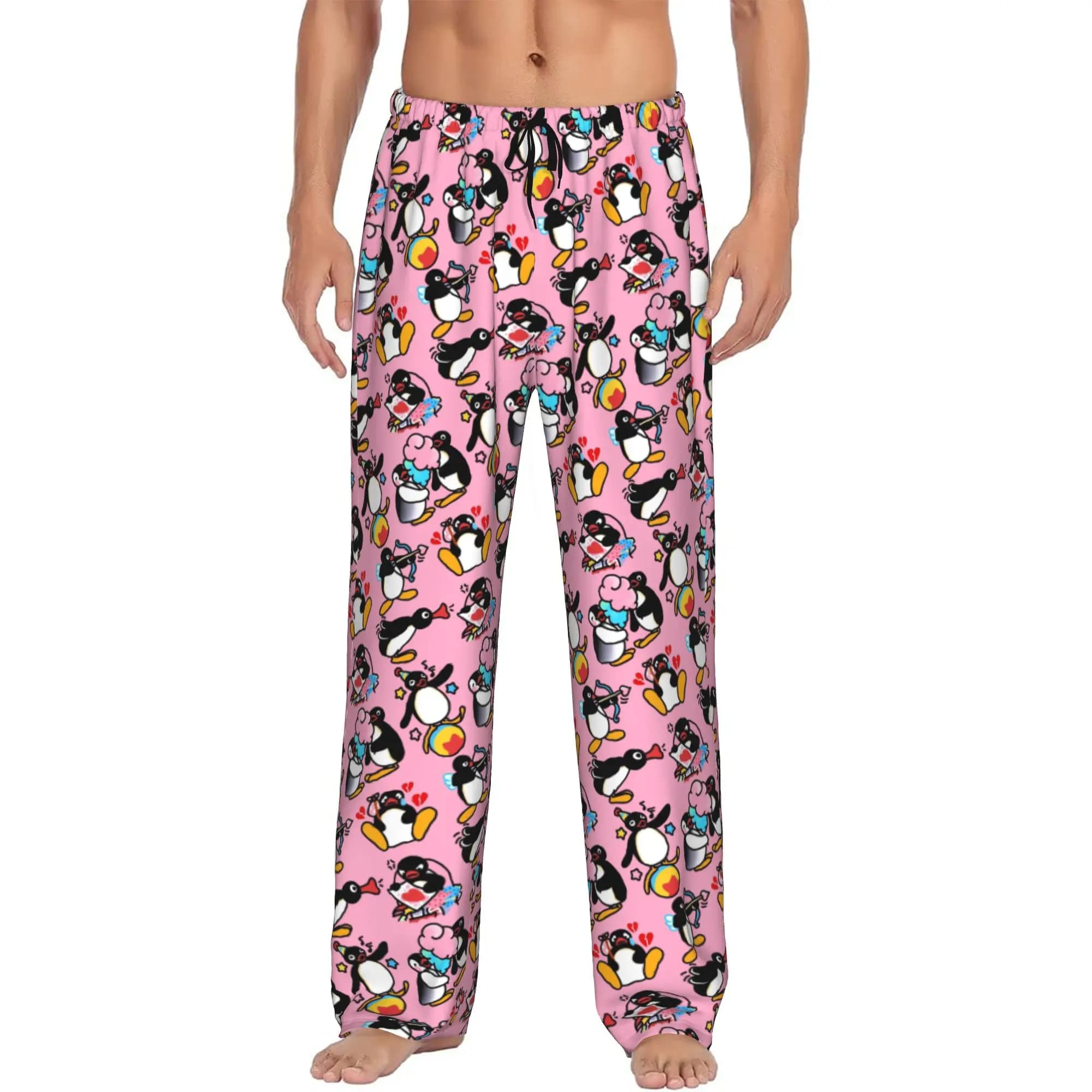Pantaloni Pigiama Personalizzati Noot Noot Pingu per Uomo, Abbigliamento da Notte con Pinguino, Pantaloni Elasticizzati con Tasche