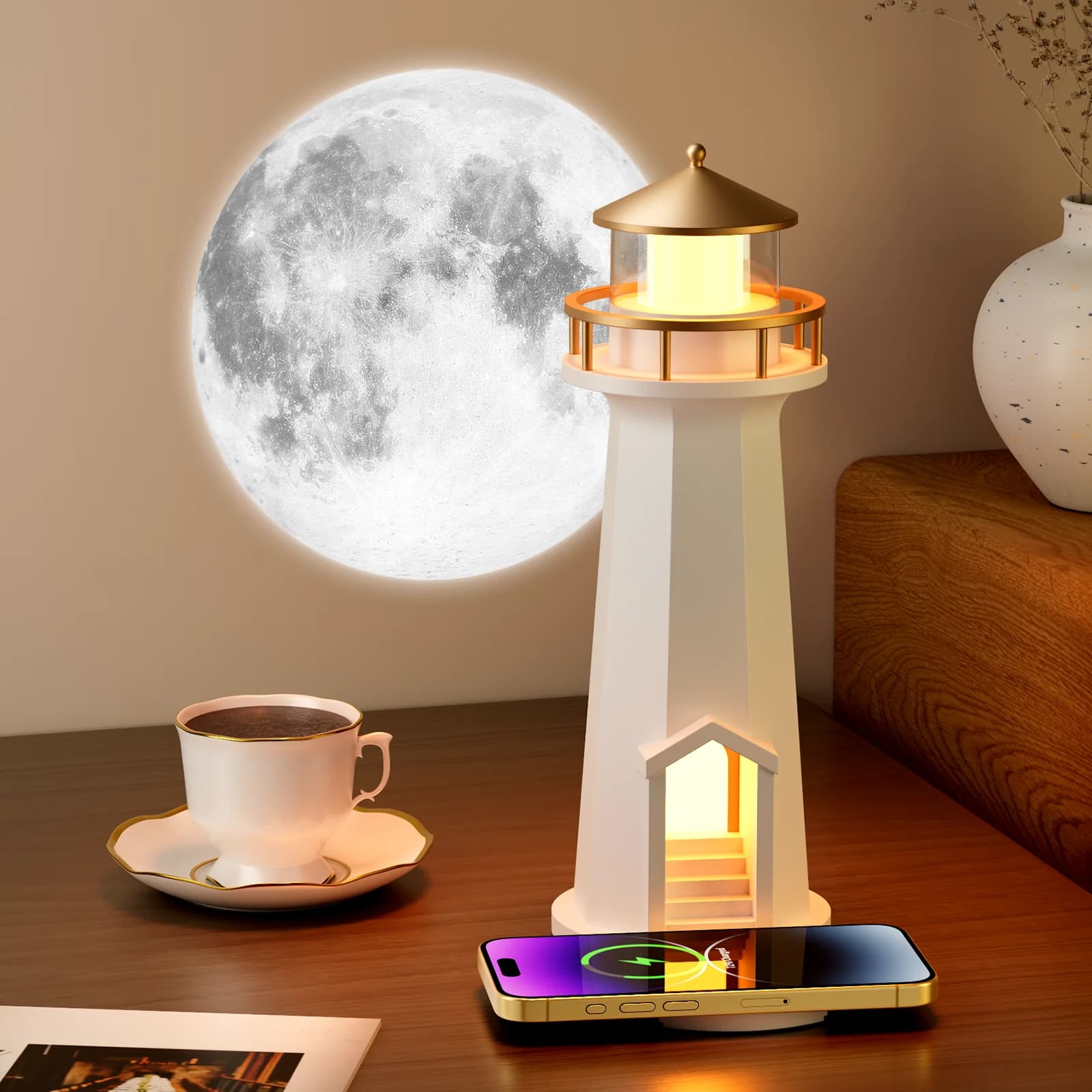 Moonlight Lighthouse Wireless Charger Multi-functional Bluetooth Projector Lamp for Bedroom Deco Night Light Christmas Gift