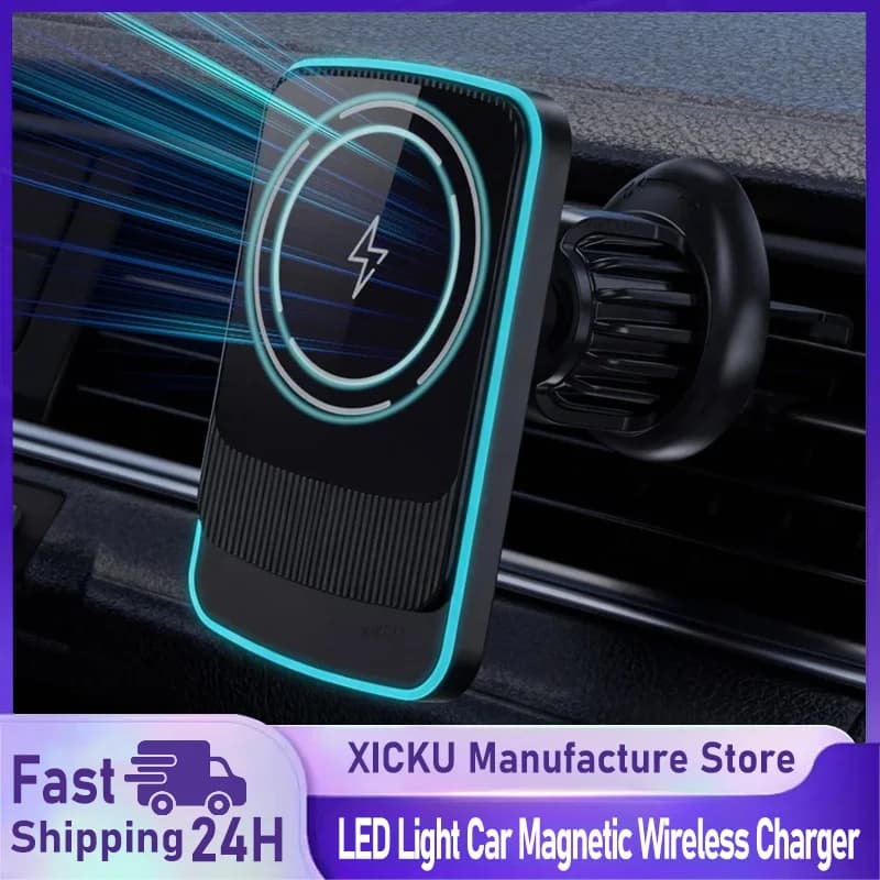 Supporto per telefono con presa d'aria per caricabatterie wireless magnetico per auto con luce a LED per stazione di ricarica rapida Magsafe iPhone 12-17 Pro Max per Samsung