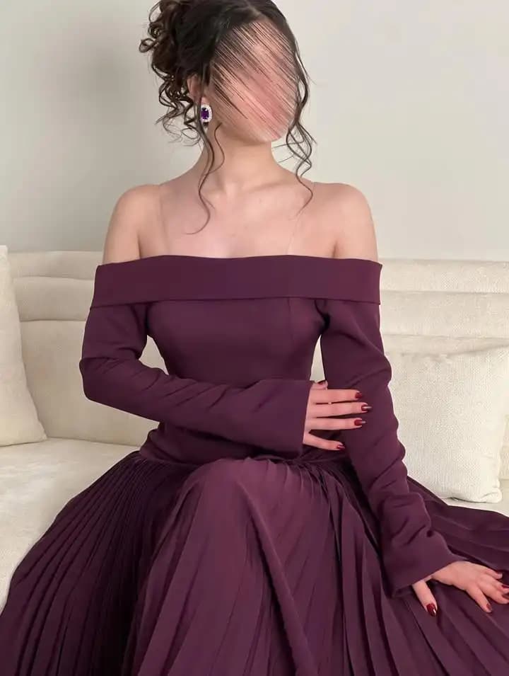 Abiti da sera da donna con spalle scoperte e maniche lunghe, pieghettati, a trapezio, lunghezza alla caviglia, per feste, semplici, viola, abiti da ballo personalizzabili