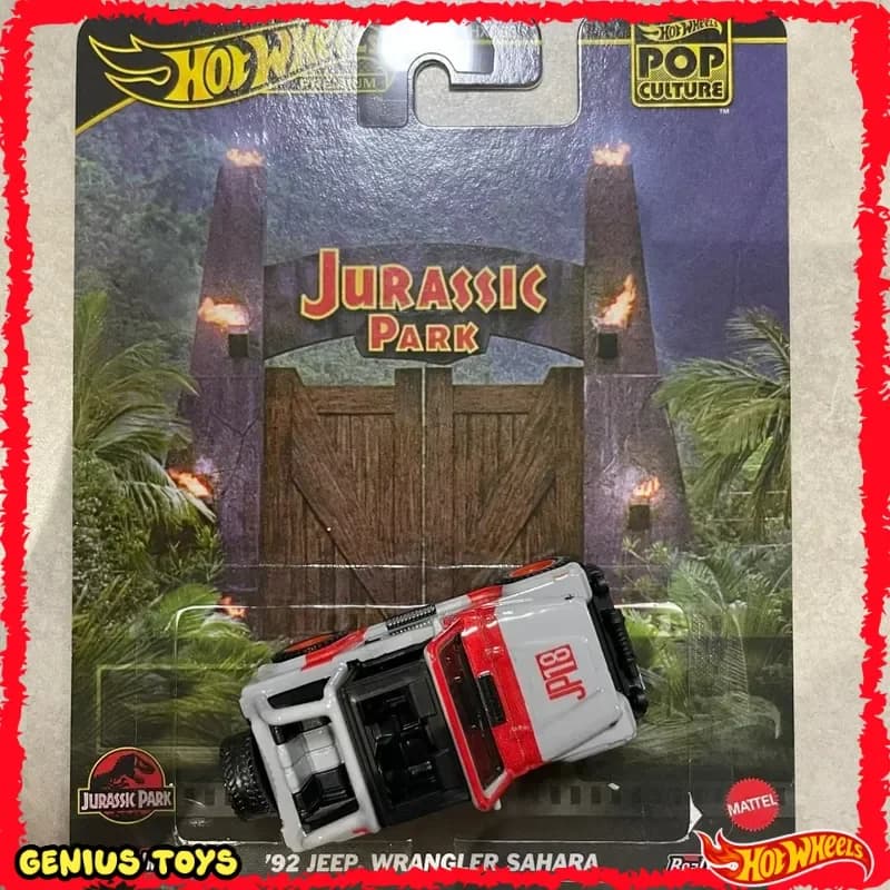 Hot Wheels Premium Cultura pop Jurassic Park '92 Jeep Wrangler Sahara 1:64 Pressofuso in lega Dinosauro Film Fuoristrada Giocattolo da collezione