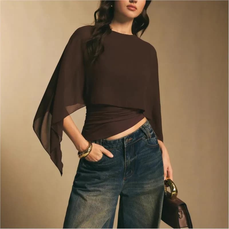 T-shirt Casual Irregolare alla Moda 2026, Top in Chiffon a Tinta Unita con Collo Rotondo, Blusa da Donna Slim Fit Basica per il Pendolarismo