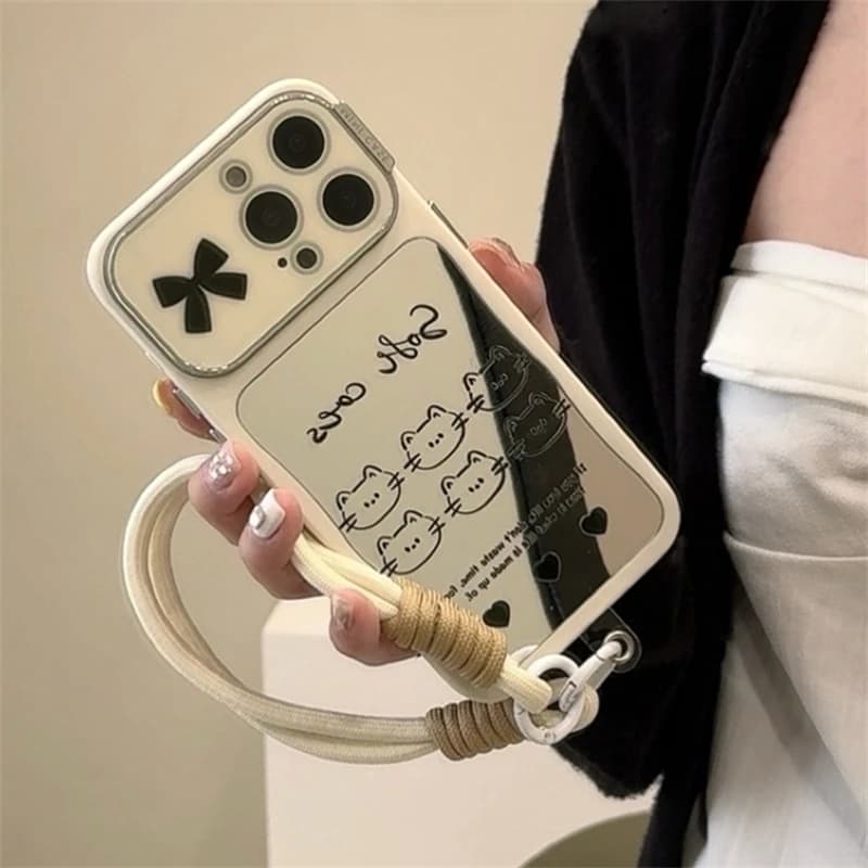 Cute Cartoon Cat Makeup Mirror Bracelet Case For iPhone 15 14 13 12 Pro Max 11 Kawaii Girl Bowknot Love Heart Letter Soft Cover