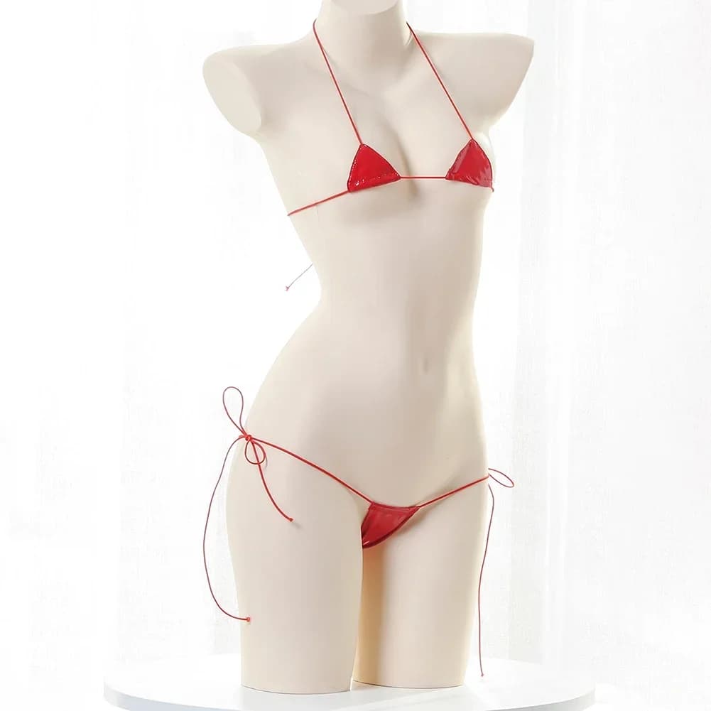 Nuovo bikini da donna in pelle con lingerie sexy, perizoma, effetto bagnato, traspirante, con lacci, aderente, set uniforme da donna