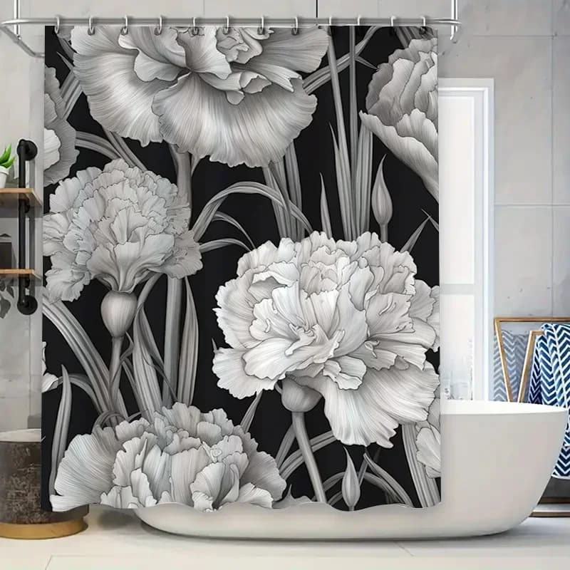 Tenda da doccia floreale per bagno, design moderno bianco nero con fiori di peonie per la decorazione domestica, dimensioni 69x72 pollici (180x183 cm)