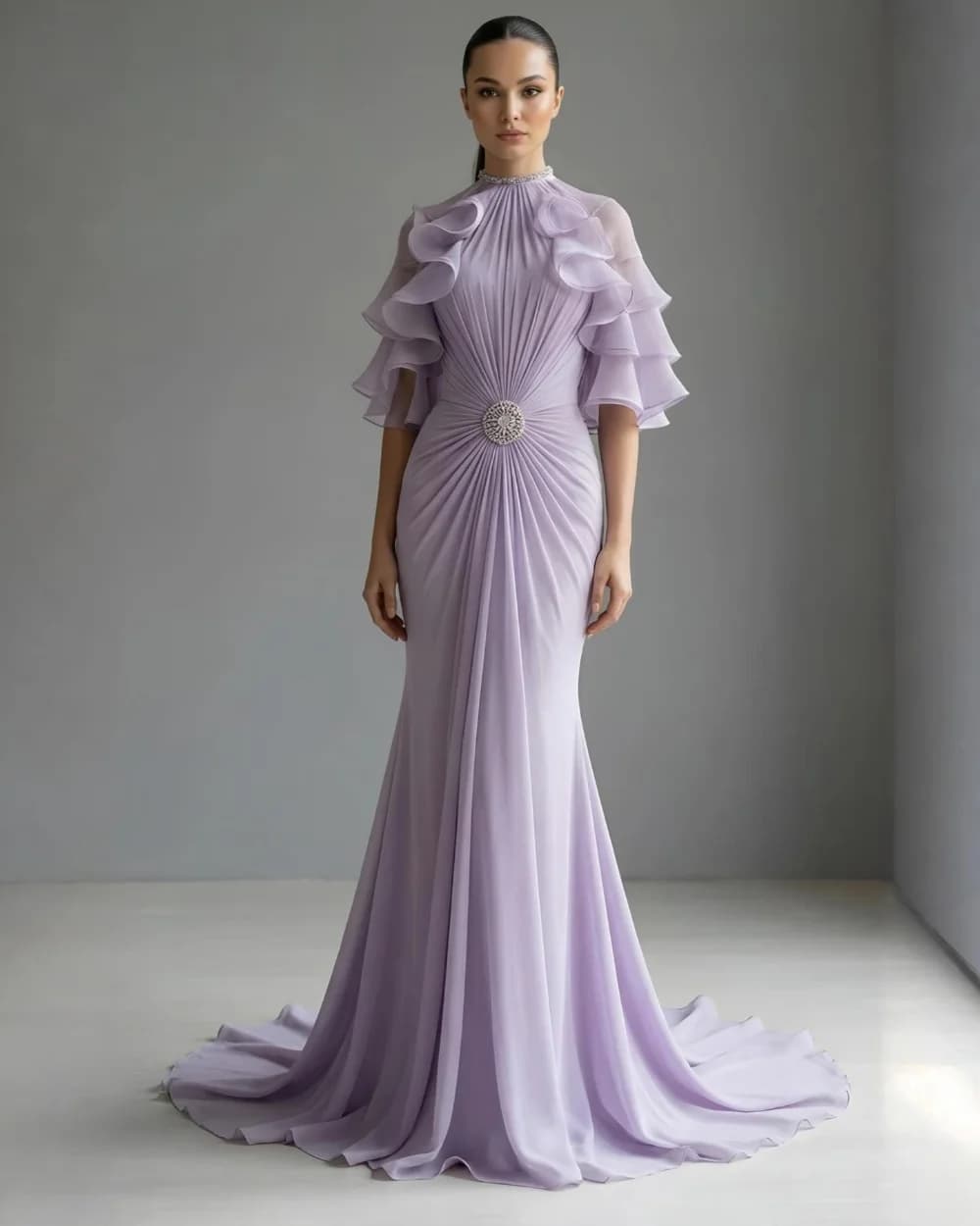 Customized Purple Intricate Luxury Chiffon Pleat Draped Beading Sequined Rhinestone Mermaid High Collar Evening Dresses