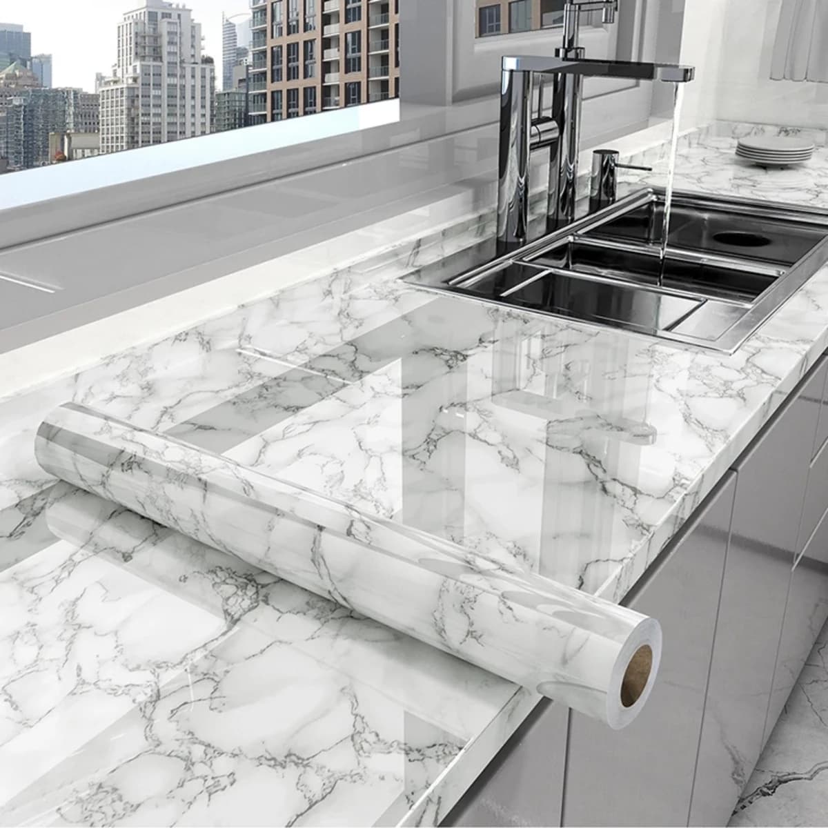 Adesivi murali da cucina da 55 cm Carta da parati autoadesiva in marmo vinilico Resistente al calore Contatto impermeabile Rivestimento murale continuo Decorazione murale