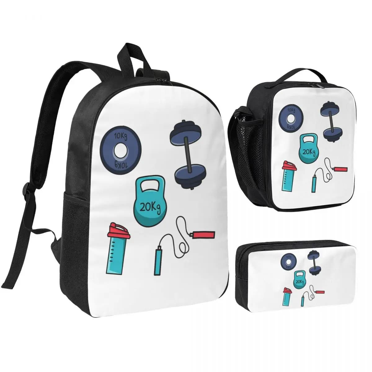 Set Essenziale per Palestra: Shaker, Kettlebell, Manubri, Zaino con Corda, Borsa a Tracolla, Borsa per la Scuola, Borsa Termica per il Pranzo, Astuccio per Matite (3 Pezzi)