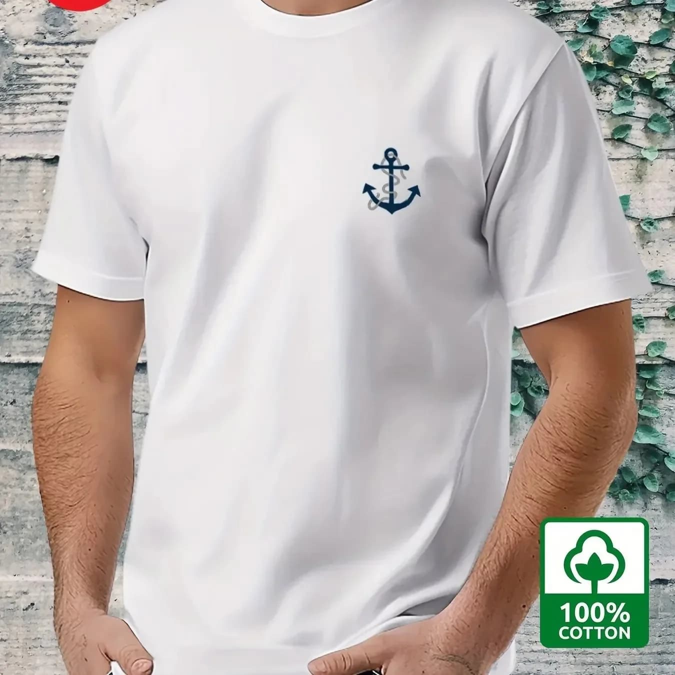 T-shirt da uomo in cotone 100% alla moda, casual, comoda, traspirante, con stampa di ancora, girocollo, manica corta