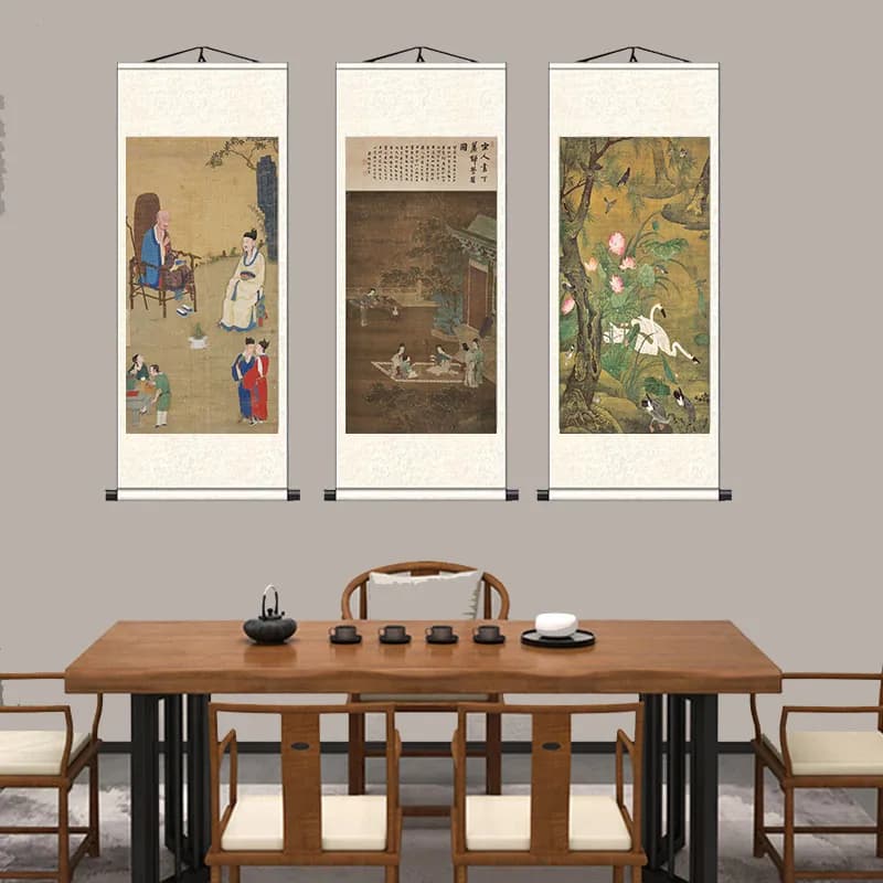 Antique Zen Ink Wash Painting Wall Art, Lotus Bird Calligraphy on Silk Scroll, Feng Shui Hanging Scroll for teahouse Home Decor