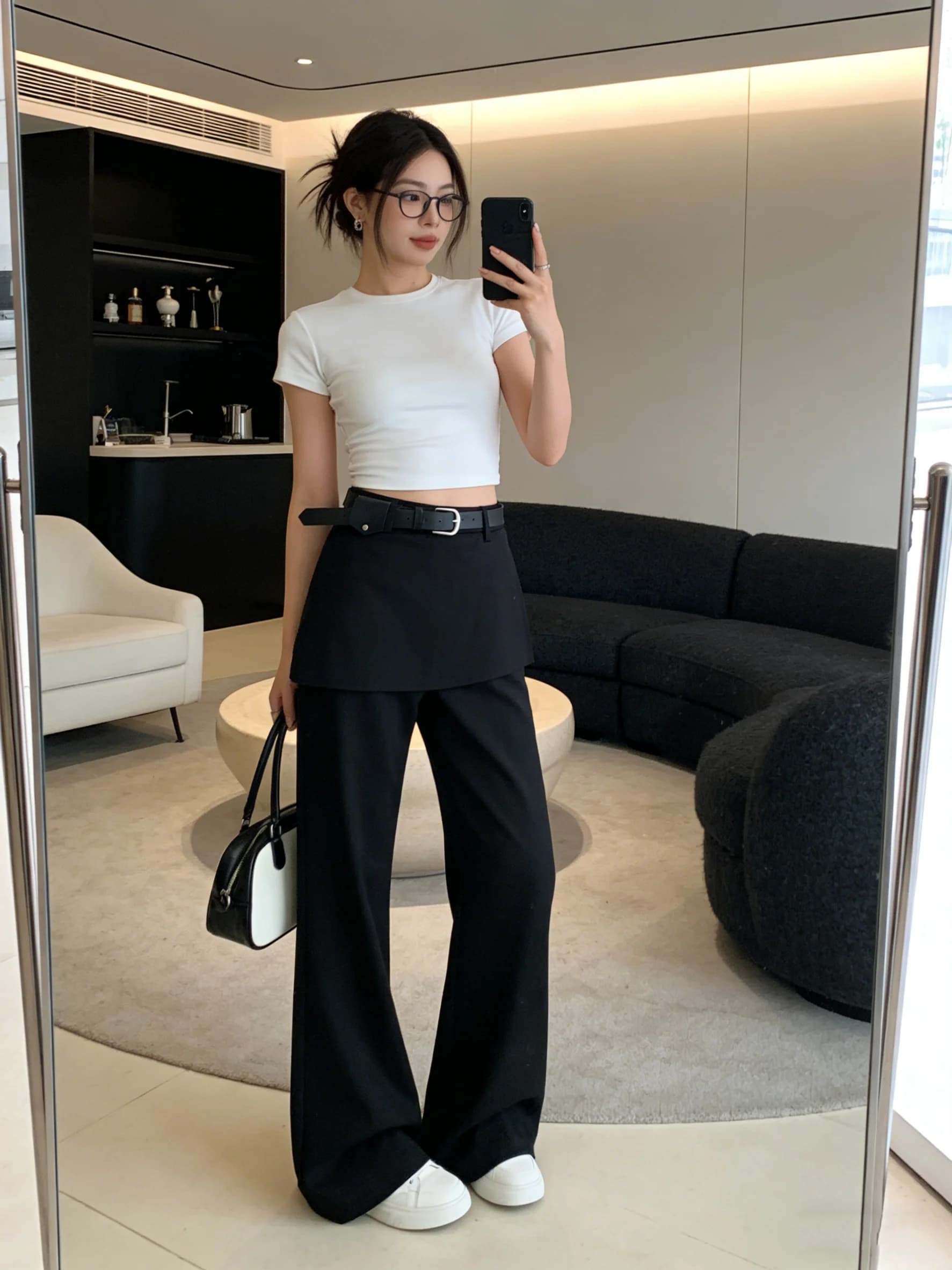 Pantaloni Casual a Vita Alta e Gamba Svasata da Donna, Primaverili, Comodi per il Pendolarismo, Effetto Due Pezzi, Neri, Slim Fit, Micro Flare Jeans