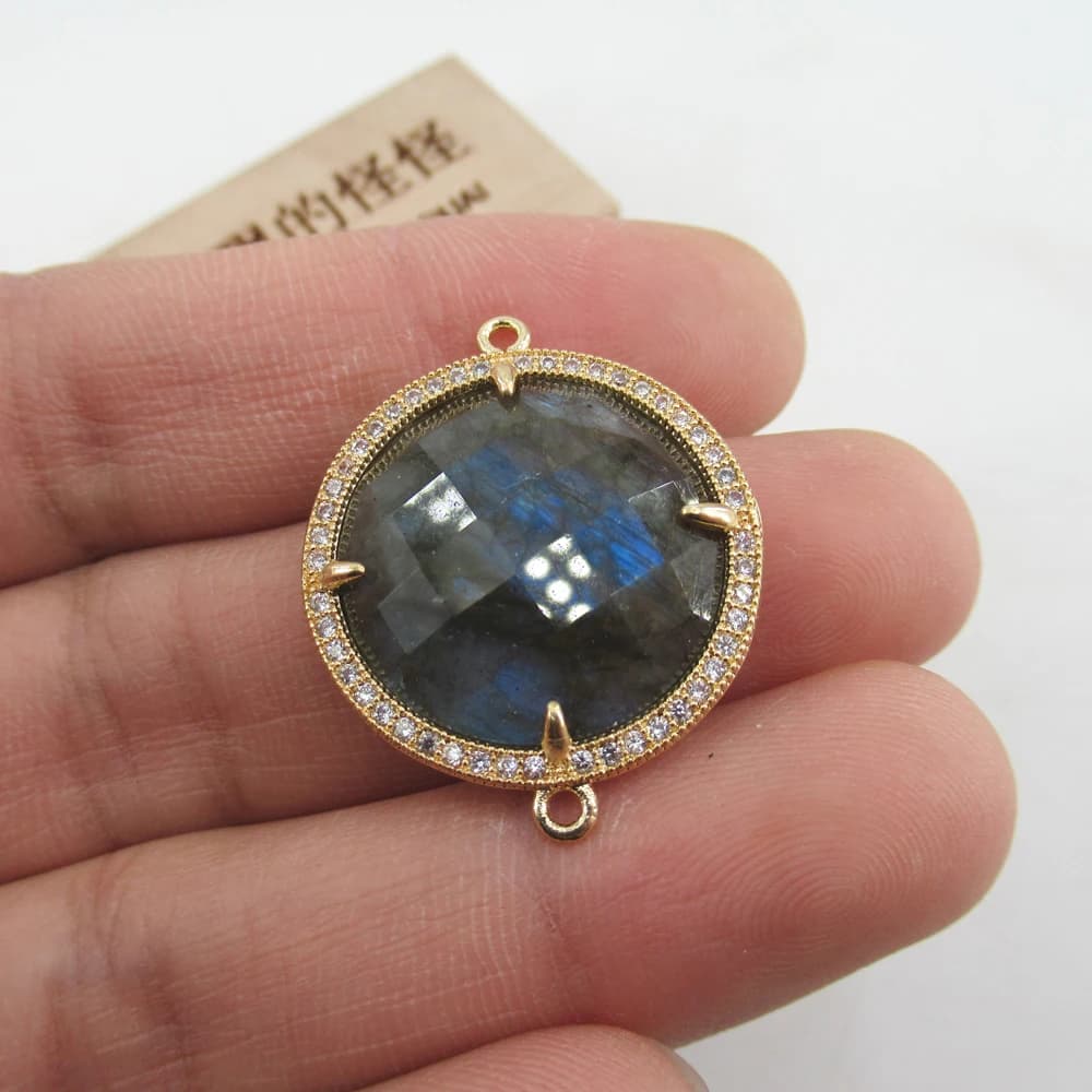 APDGG 5 Pcs Natural Labradorite Quartz Cz Paved Double Rings Connector Jewelry making accessories