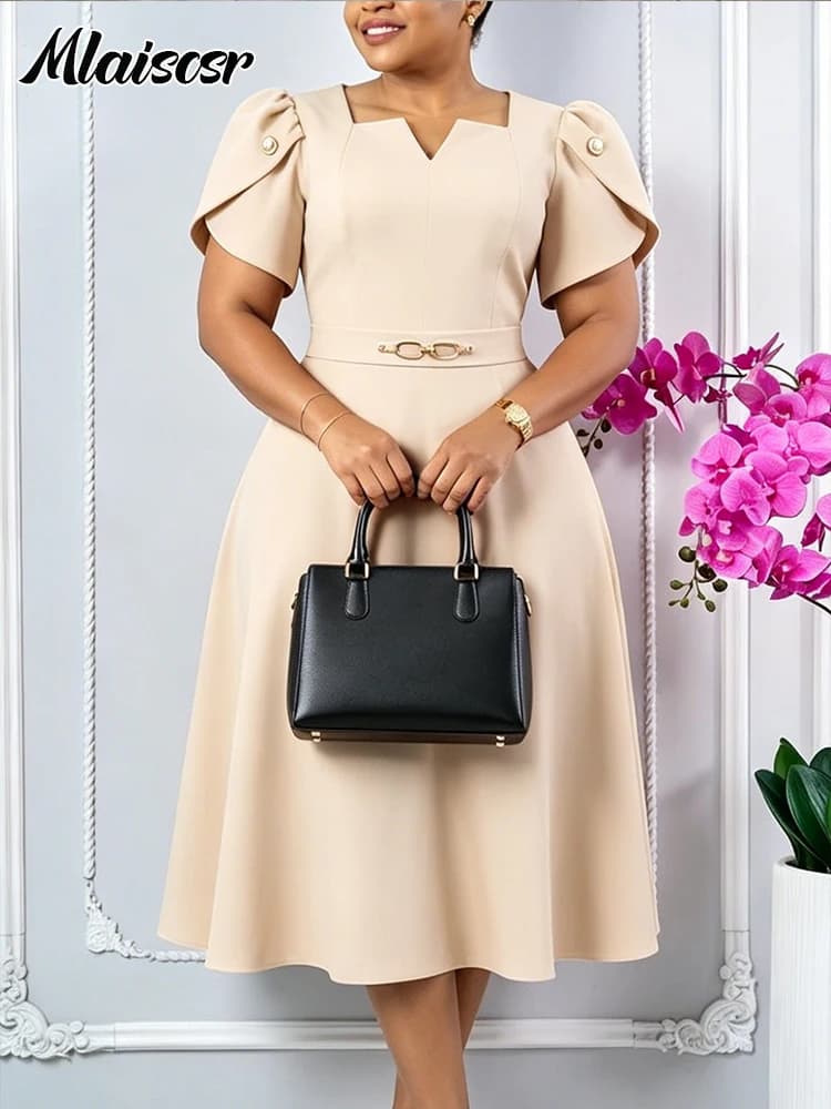 Mlaiscsr Abito midi a trapezio da donna con scollo a V e maniche a sbuffo, elegante abito da lavoro con cintura, fluido, per ufficio, chiesa, occasioni speciali