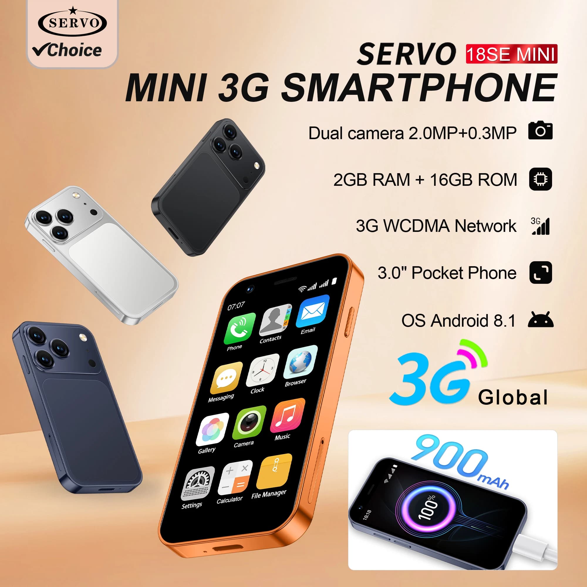 SERVO 18SE Mini Android Pocket Smartphone 3G WCDMA Cellular Face Unlock Cellphone 3.0' Display 16GB WiFi 2MP Camera Mobile Phone