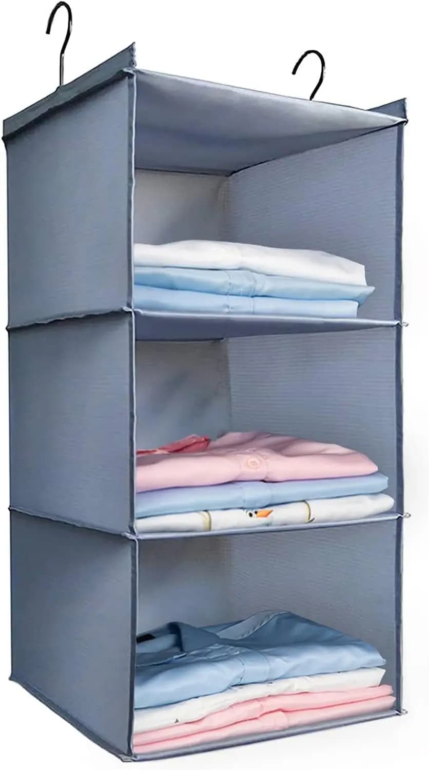 Organizzatore per Armadio a 3 Ripiani, Mensole Pieghevoli per Vestiti, Borse, Scarpe, in Tessuto Oxford Lavabile, Grigio