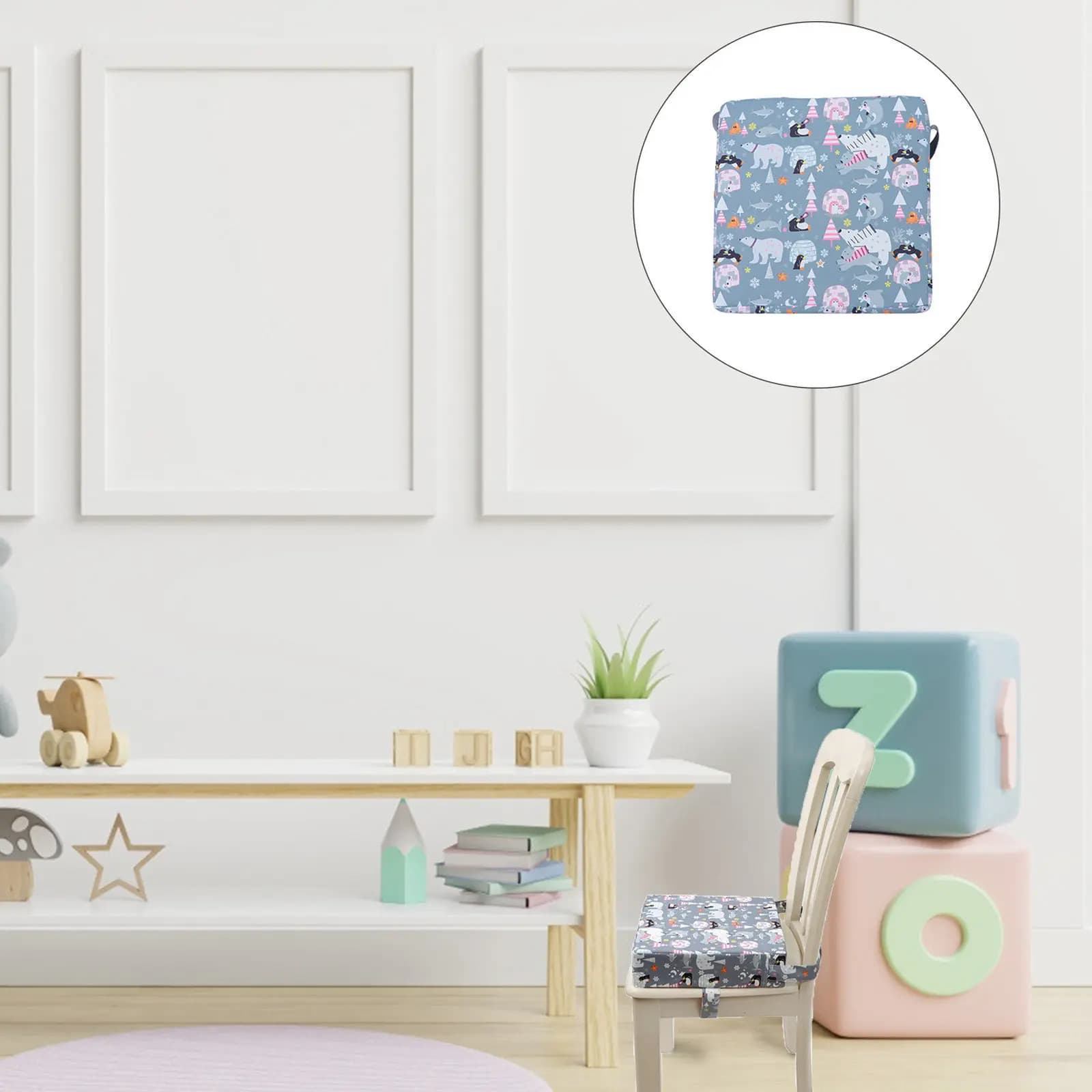 1Pcs Children Dining Chair Cushion Lower Strap Design Secure Dual-Side Fixation Cartoon Pattern Baby Seat Pad Removable Washable