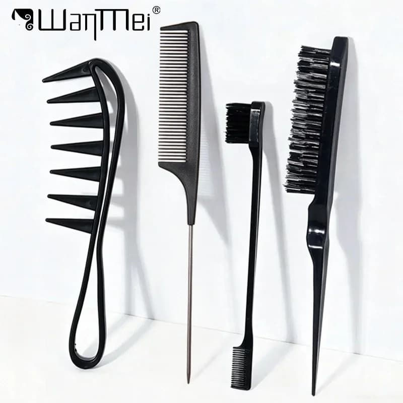 4pcs Hair Comb Set Professional Teasing Brush with Rat Tail Comb Wide Tooth Comb Edge Control Brush Hair Styling Tools Salon
