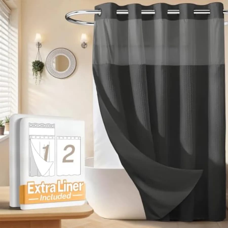 Tenda da Doccia Senza Ganci con Tessuto a Nido d'Ape, con Fodera a Incastro + Fodera di Ricambio Extra, Set Tende da Bagno - 71L x 74H