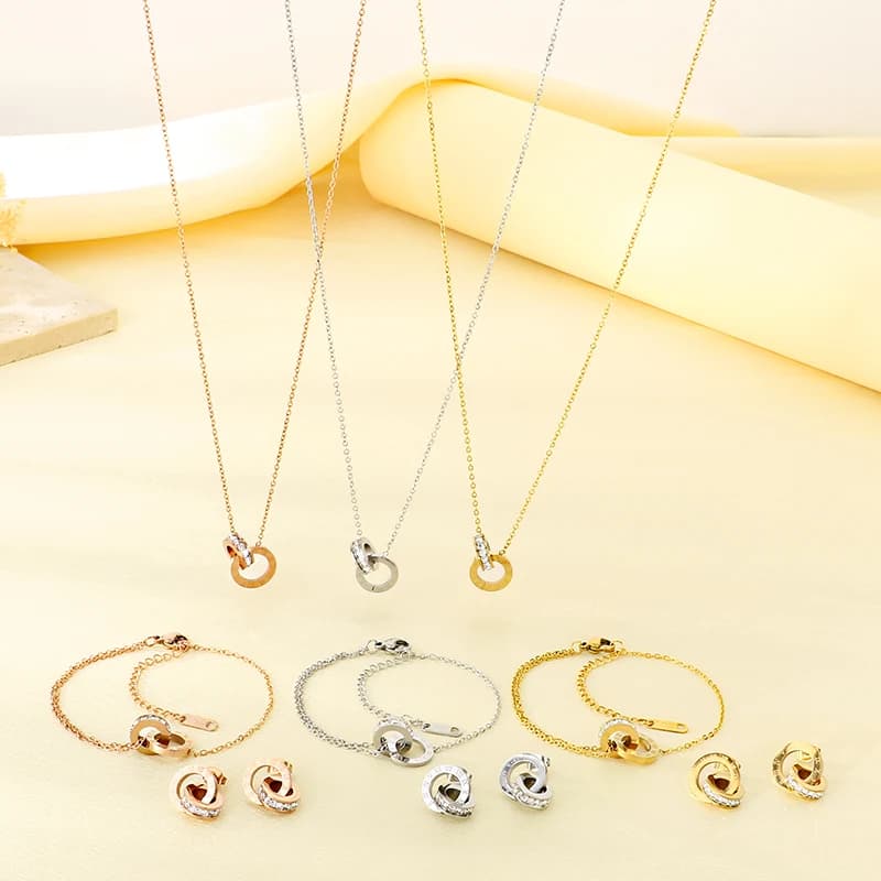 Stylish Roman Nail Double Ring Luxury Stainless Steel Earrings Bracelet for Women Fashion Jewelry Set