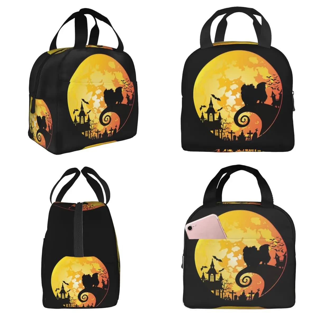 Borsa termica per il pranzo con cane Pekingese e luna di Halloween, per bambini, scatola termica per alimenti, contenitore per il pranzo