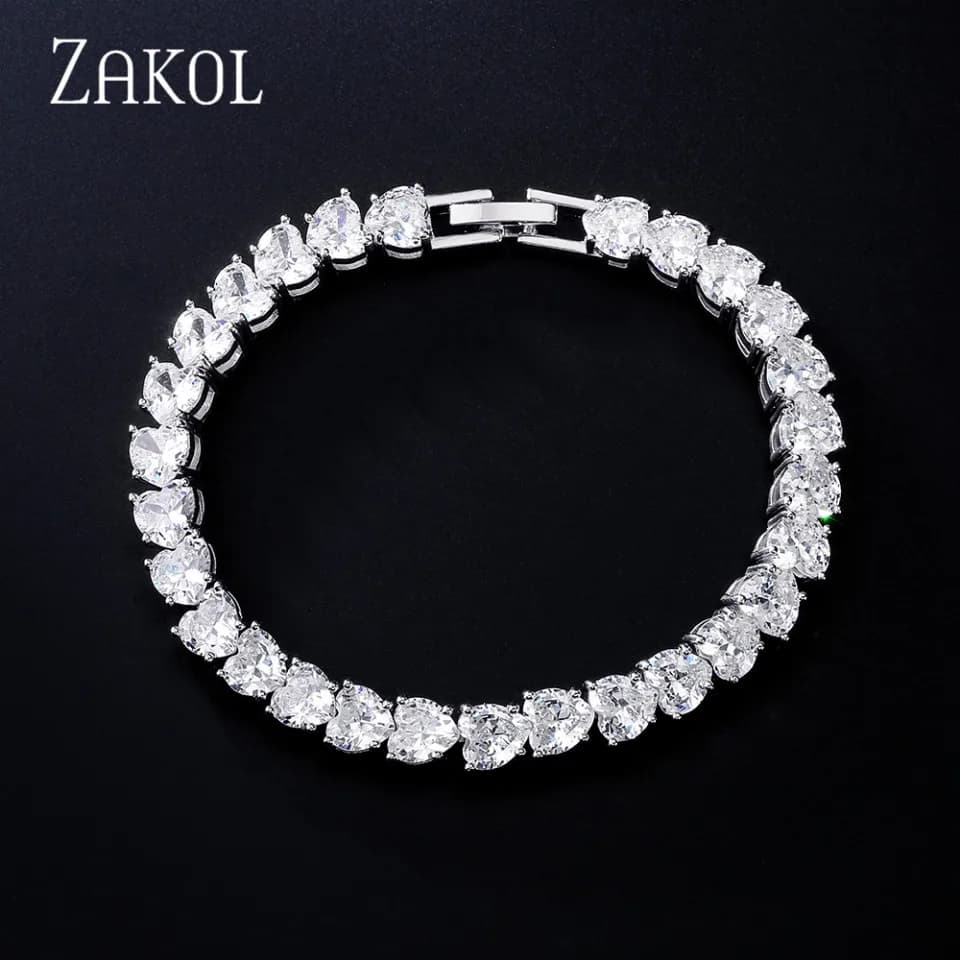 ZAKOL Braccialetti a catena a forma di cuore con zirconi geometrici alla moda per le donne Gioielli di lusso per abiti da sposa color argento