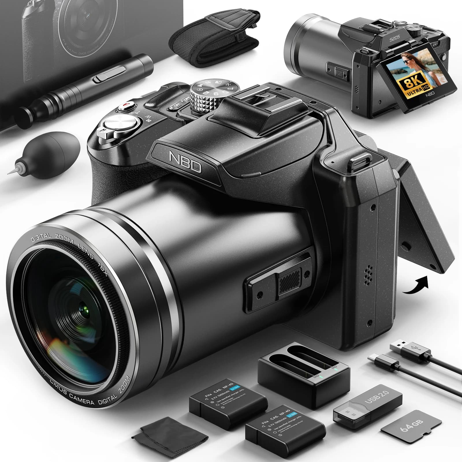 Fotocamera Digitale NBD S205E 8K 64MP con Zoom 16X, Schermo Ribaltabile, Ideale per Vlogging, YouTube e Fotografia di Viaggio, Sensore CMOS da 1/2 Pollice, Regalo