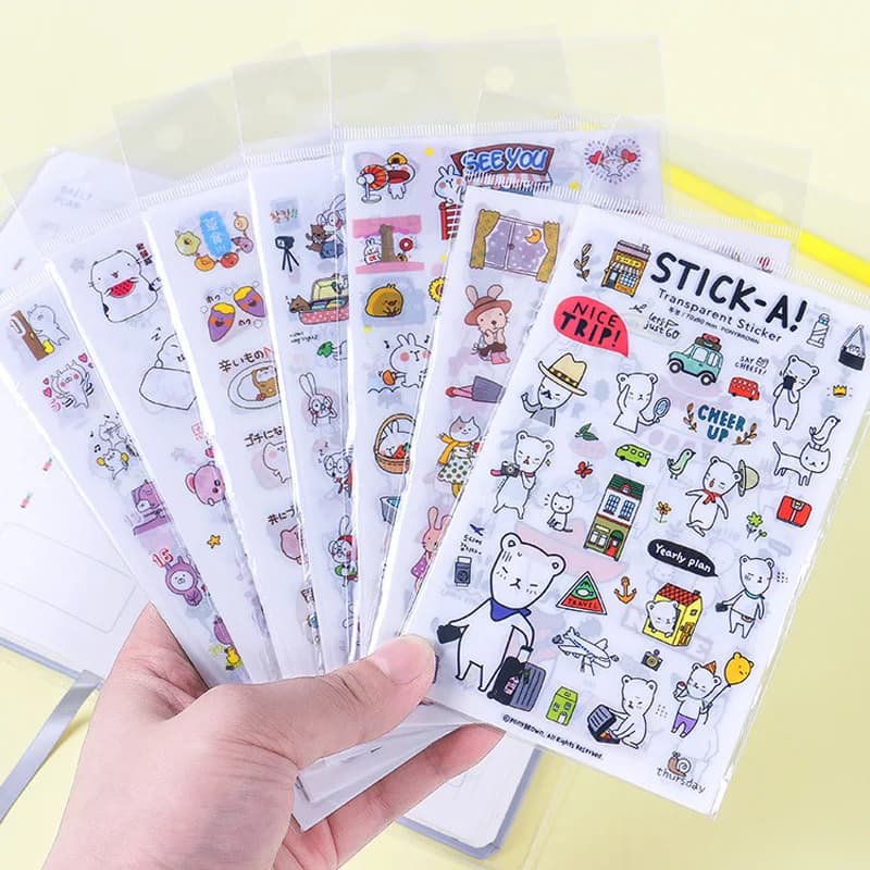 6 Sheets/Set Creative Transparent PVC Stickers Cute Animal Photo Album Decorative for Kids Cartoon DIY Scrapbooking Sticker