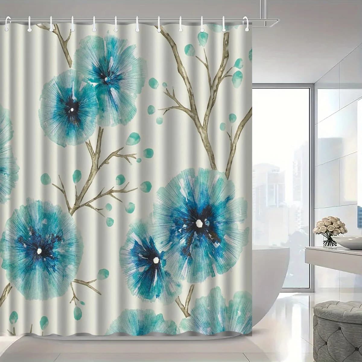 Tenda da doccia con motivo floreale, fiori blu vivaci e neri, poliestere, lavabile in lavatrice, ganci inclusi, arredamento bagno