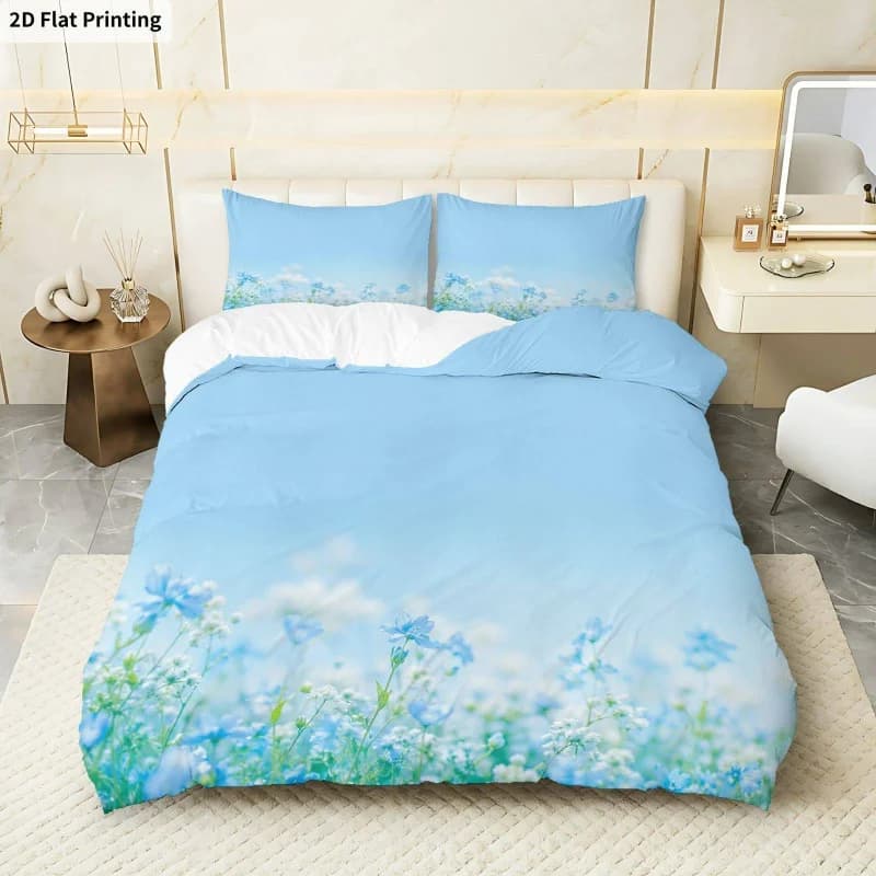 2D Flat Printing 3PCS Duvet Cover, 1 Duvet Cover + 2 Pillowcases (Without Filler), Blue Sky Floral Theme