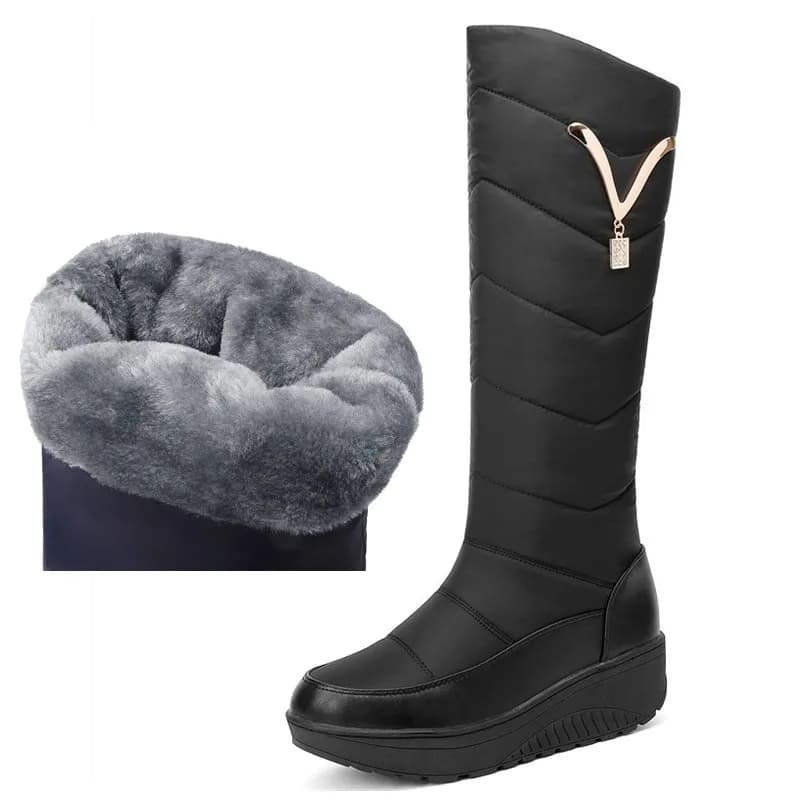 Stivali da neve alti da donna in pelliccia calda Scarpe da madre invernali in peluche di marca Stivali alti al ginocchio con zeppa casual moda impermeabile di grandi dimensioni