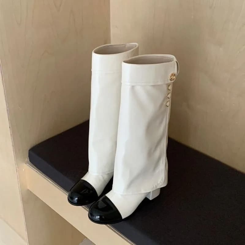 Elegant Black White Spliced Knee High Boots Ladies Foldable Cuff Gold Buttons Round Toe Block Heel Tall Boots