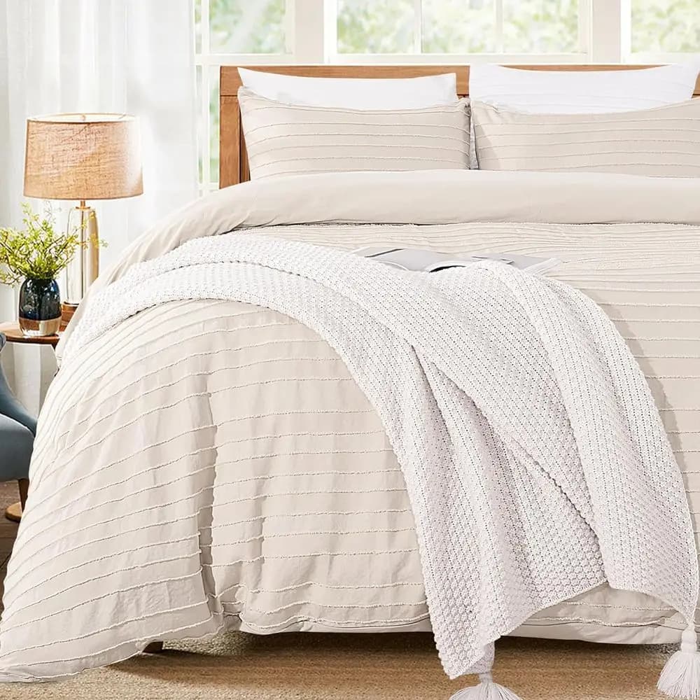Copripiumino King Size, Beige, Set Copripiumino Boho a 3 Pezzi, Leggero e Morbido, Set Copripiumino in Microfibra Lavata 100% per Tutti i Letti