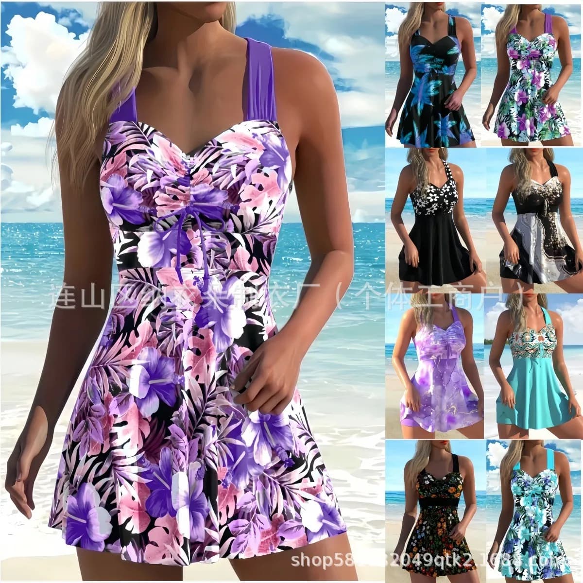 Tankini da donna con stampa floreale, top senza maniche, set bikini a vita alta, con laccetto all'americana, due pezzi, turchese, tinta unita, elasticizzato