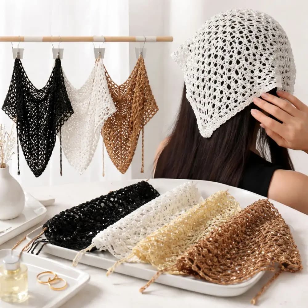 Fascia per capelli alla moda con paillettes, stile Ins, versatile, in maglia, a triangolo, traforata, Y2K, tipo berretto, per viaggi estivi