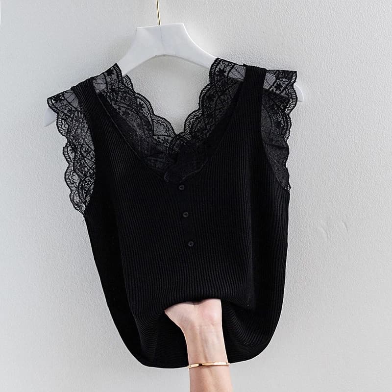 Lace Splice Sleeveless Women's Vest Brand Button Base Shirt Korean Style Top Small Strap Fashionable Commute Style Pure Color