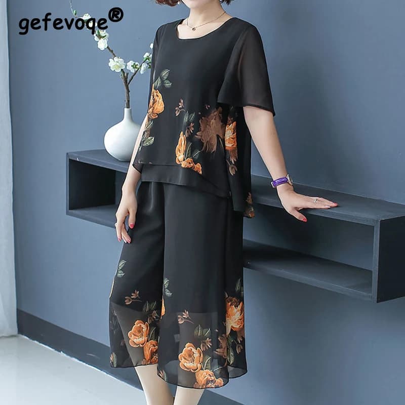 Elegant fashion floral print lace set short summer 2025 O-Colle short sleeve shirt calf pants loose women clothing