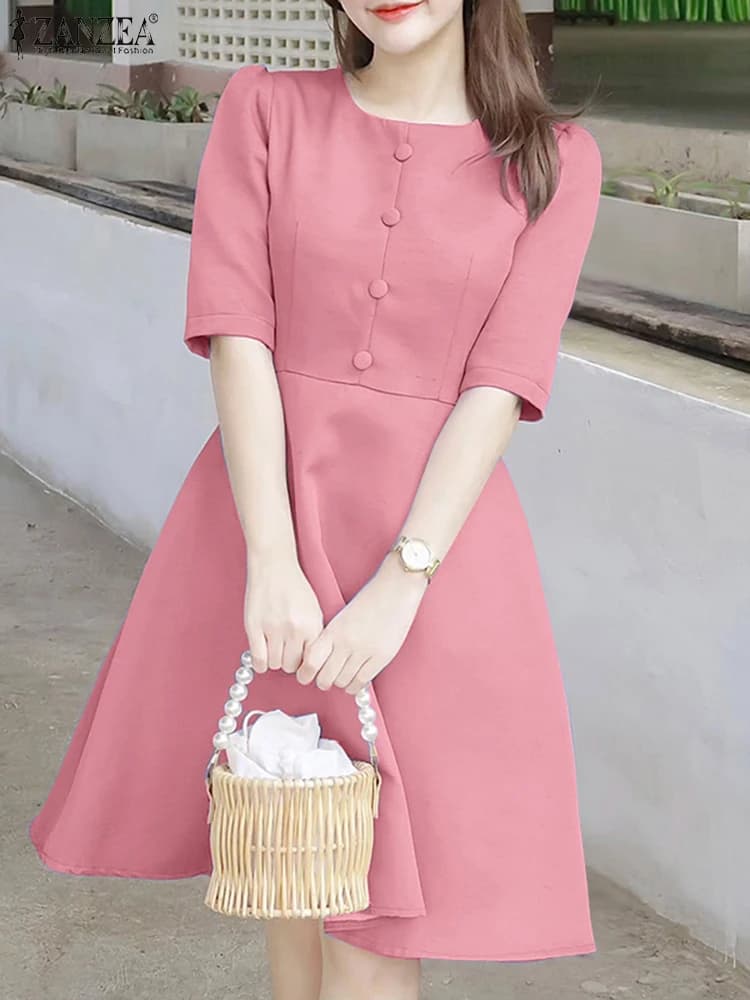 ZANZEA Donna elegante Abiti a trapezio Girocollo Mezza manica Vita aderente Abiti al ginocchio Femme Summer Office Day Wear Abiti