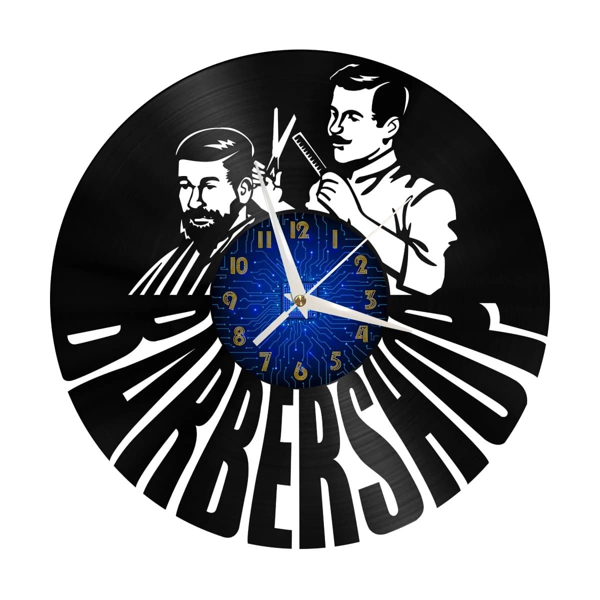 Barbiere Decorative Artistic Wall Clock Men's Hairdresser Logo Murale Creative Wall Clock with Vinyl Disc Barber Clock with LED Light