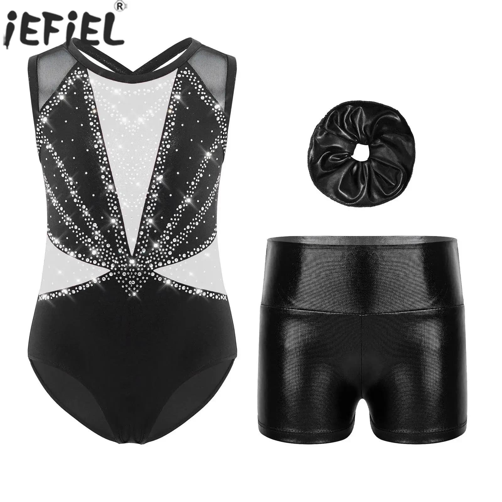Bambini Ragazze Balletto Danza Ginnastica Pattinaggio di Figura Acrobazie Yoga Body Set Strass Maglia Body con Pantaloncini Copricapo