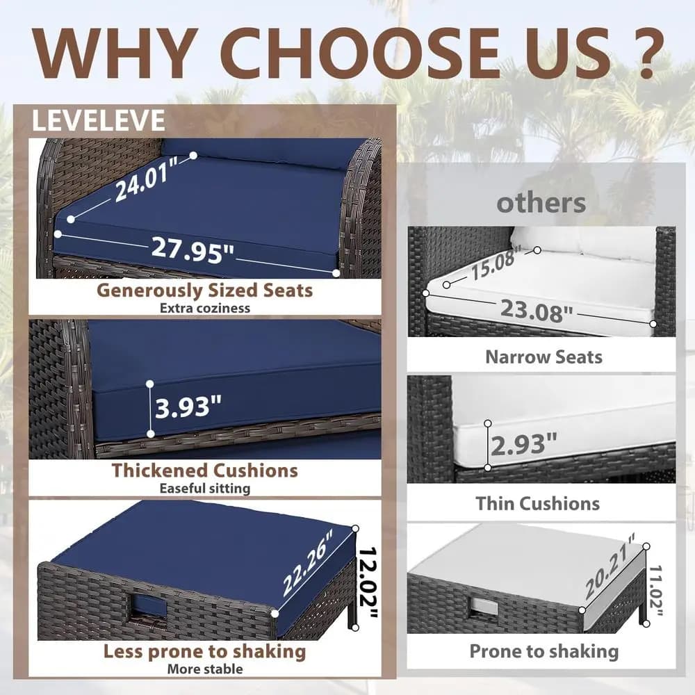 Set da Conversazione per Balcone a 5 Pezzi, Sedie Lounge da Esterno in Rattan PE con Morbidi Cuscini e 2 Poggiapiedi e Tavolino in Vetro