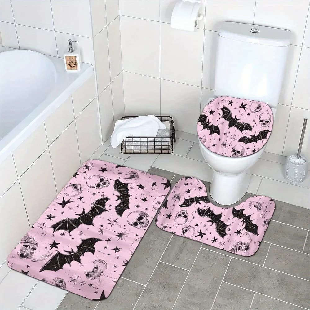 Tappetini da bagno in peluche morbidi e assorbenti da 3 pezzi, antiscivolo, lavabili, confortevoli, modello pipistrello gotico rosa pastello con Skul 387F38d9 Fe8c 44B7