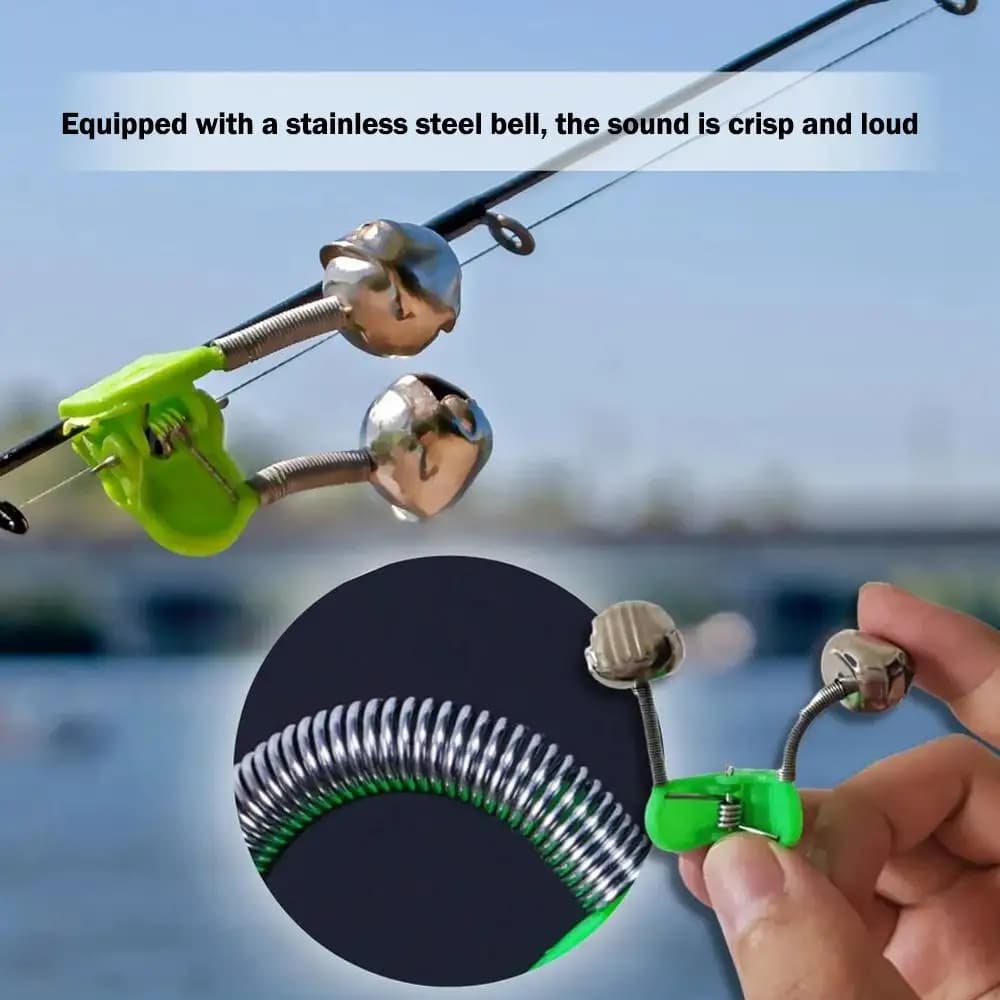 10 pz/lotto Allarmi per Morso di Pesca Canna da Pesca Campana Asta Morsetto Punta Clip Campane Anello Verde ABS Accessorio per la Pesca in Metallo Esterno