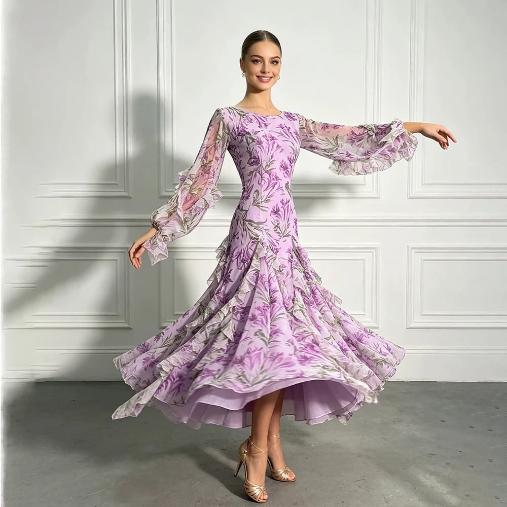 Women Purple Floral Ballroom Dance Dress Long Flare Sleeve Ruffle Swing Waltz Tango Competition Training Modern Dance Costume
