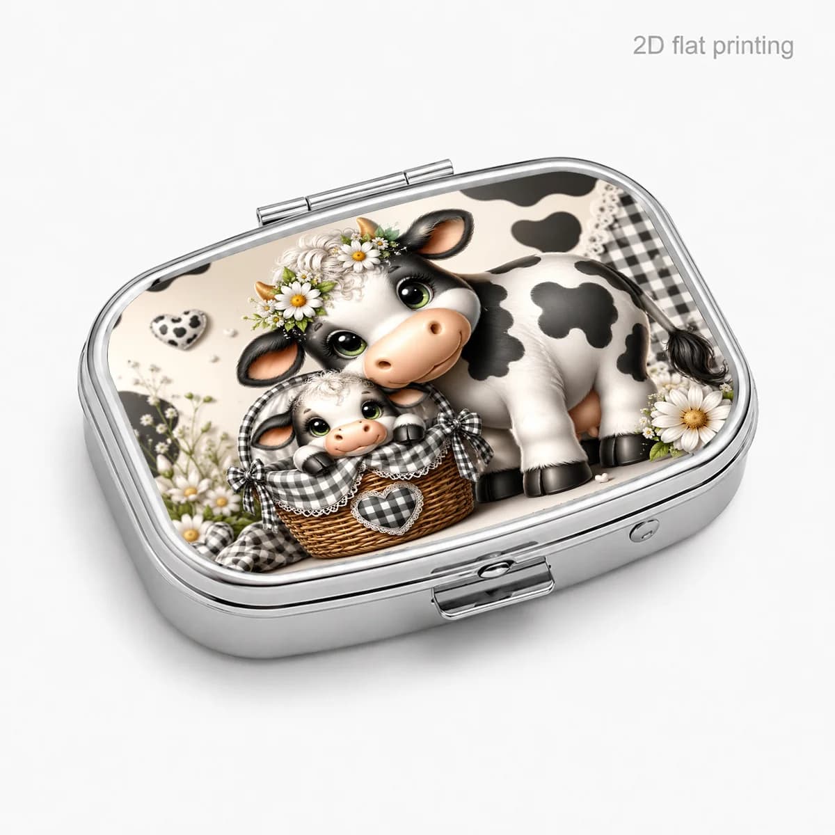 Floral Wreath, Cow and Plaid Basket Calf Pattern, Portable Pill Box for Daily Travel, Square Moisture-Proof Small Pill Box, Multifunctional Storage Box for Vitamins and Supplements, Small Jewelry Organizer, Waterproof Pill Storage Box, Holiday Gifts, Souvenirs, Prizes, Small Gifts, Suitable for Personal Use or as an Exquisite Gift Choice
