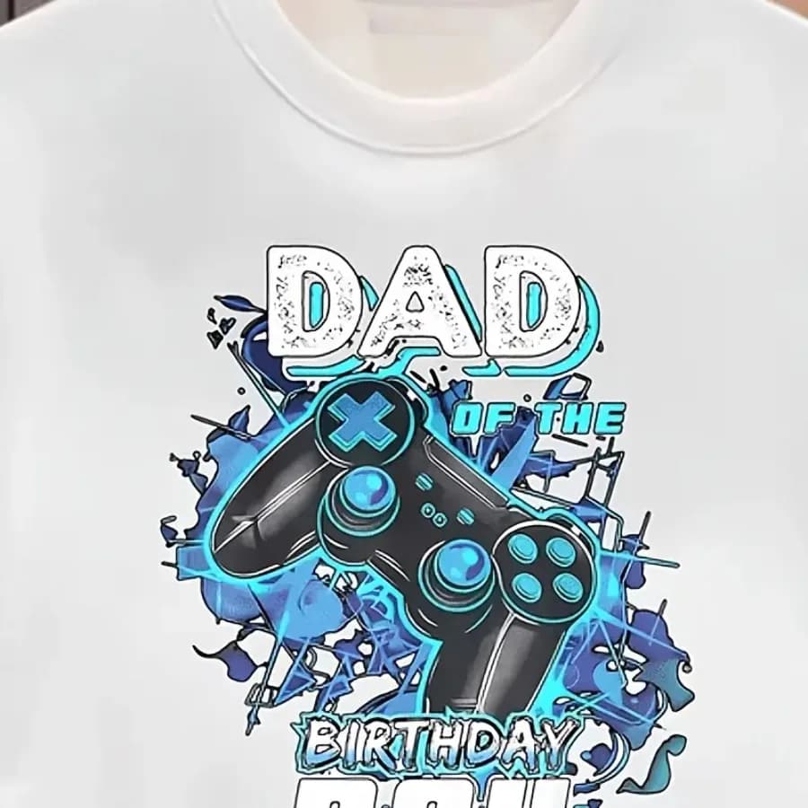T-shirt estiva a maniche corte da uomo, casual, girocollo, con stampa di controller di gioco e scritta "Dad of the Birthday Boy", alla moda, stile street