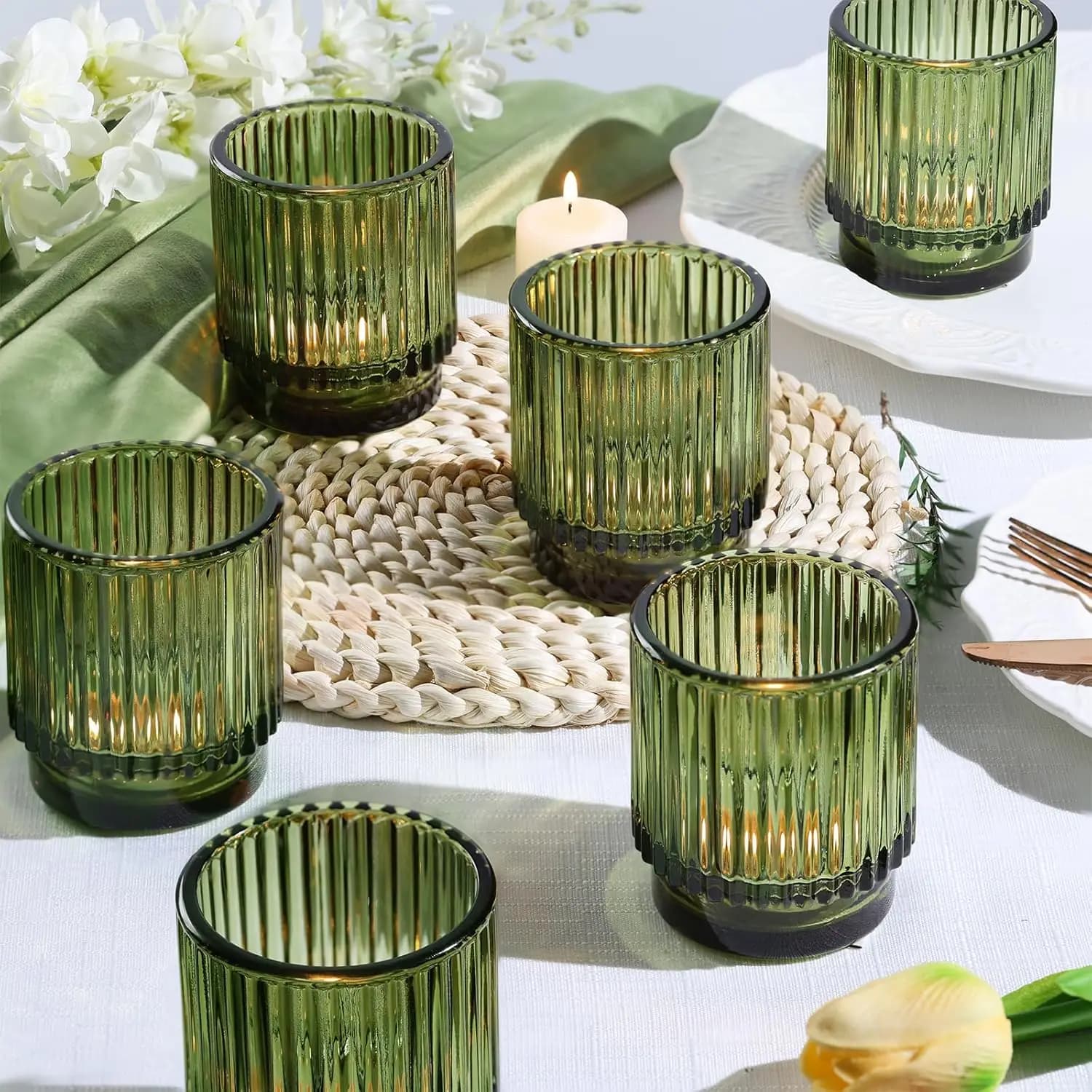 Set di 8 Portacandele Votivi Verdi per Centrotavola Matrimoniali, Decorazioni in Vetro per Candele Tea Light